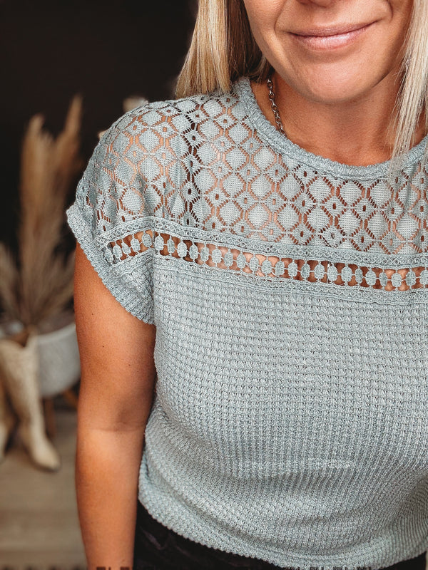 Lace Patchwork Waffle Short Sleeve Top
