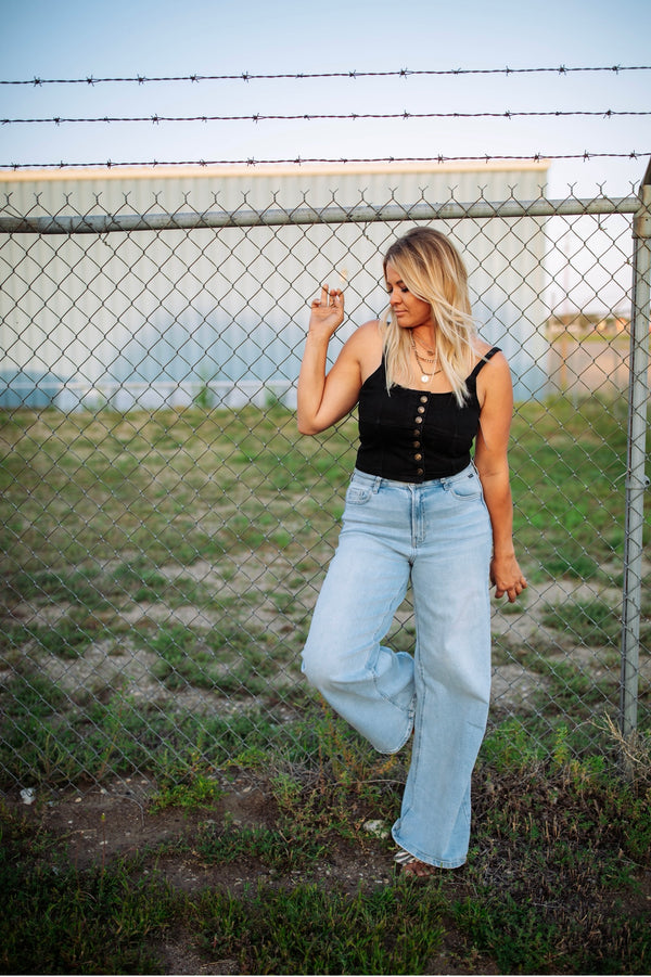 Hazel Button-Up Cropped Denim Tank Top