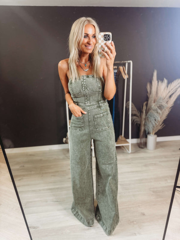 The Wiskey Wrangled Denim Jumpsuit [ Olive ]