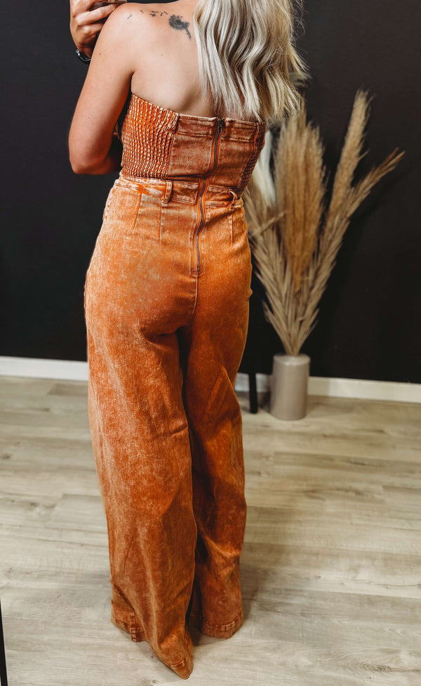 The Wiskey Wrangled Denim Jumpsuit [ Rust ]