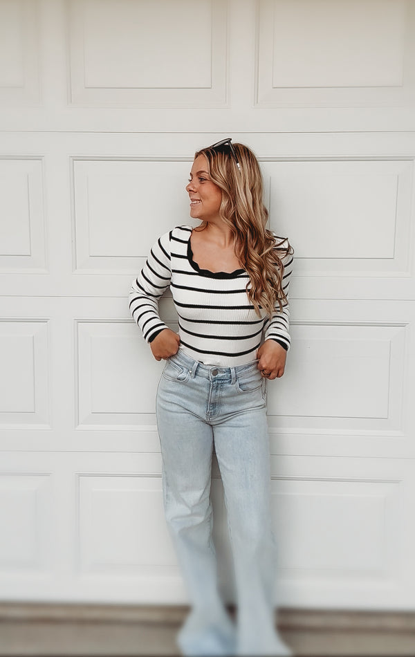 Scalloped Edge Stripe Sweater Top