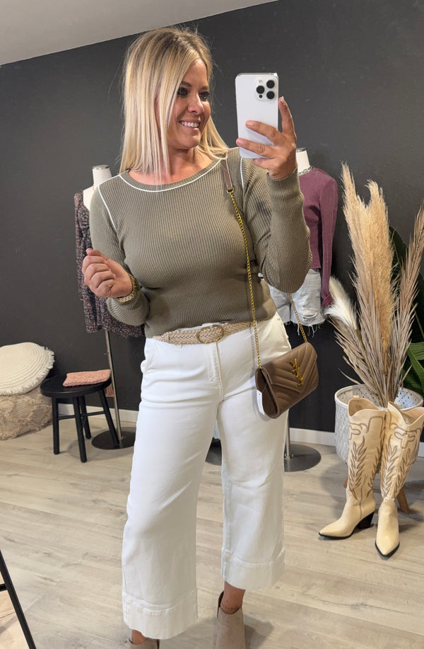 The Tubi Olive Long Sleeve Trimmed Sweater