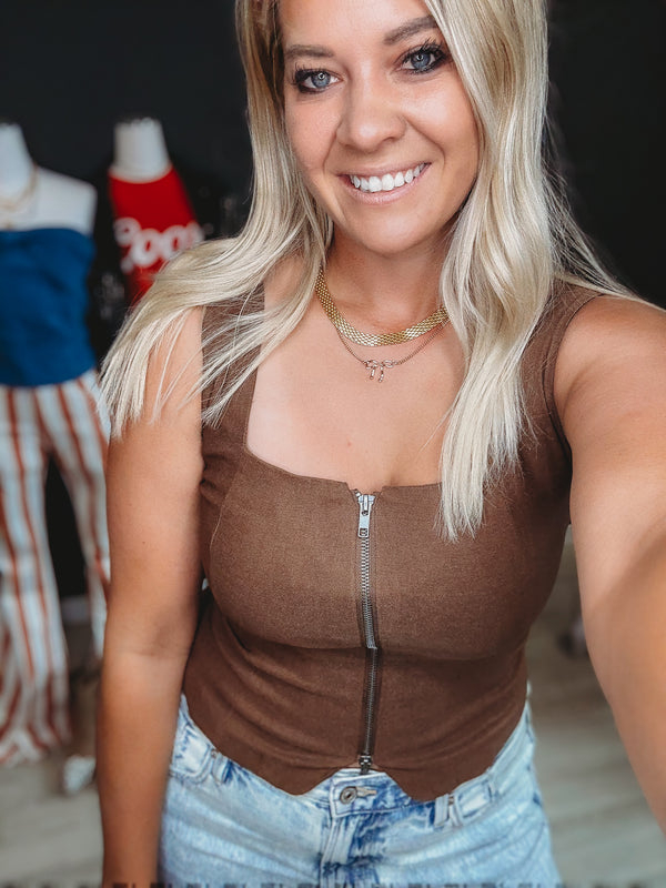 The Cocoa Brown Zip Up Square Neck Top