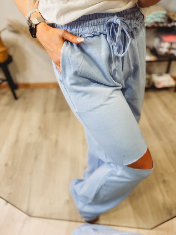 Blue Baby Slit Knee Sweatpants