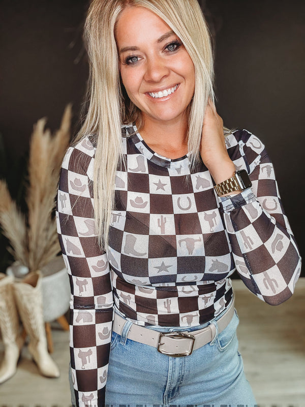 Checkered Cowgirl Mesh Top