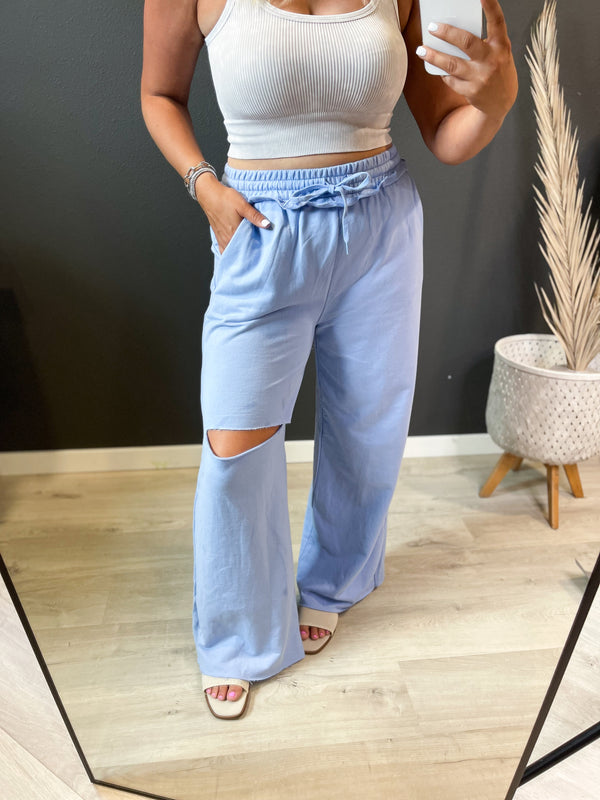 Blue Baby Slit Knee Sweatpants