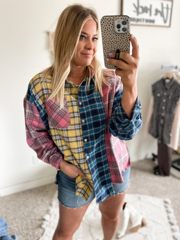 Makenna Patchwork Colorblock Flannel Button Up