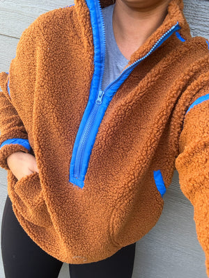 Camel + Blue Sherpa Pullover