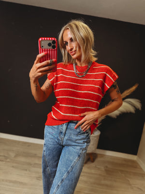 Tesha Tomato Red Stripe Short Sleeve Sweater