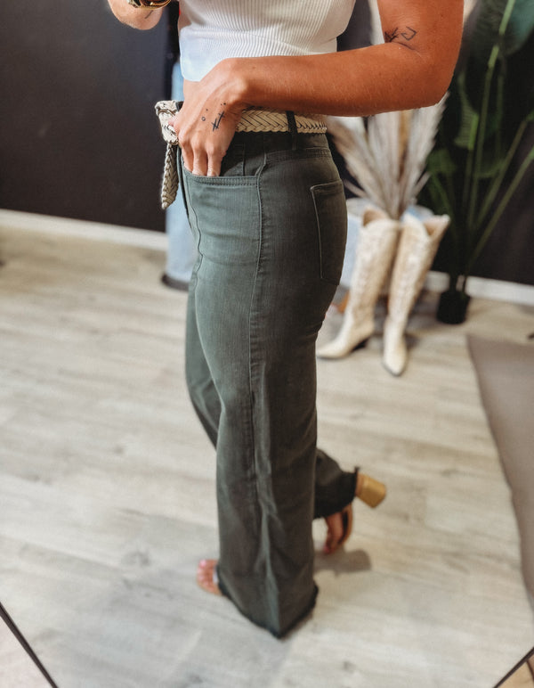 The Long Live Wide Leg Denim [ Olive ]
