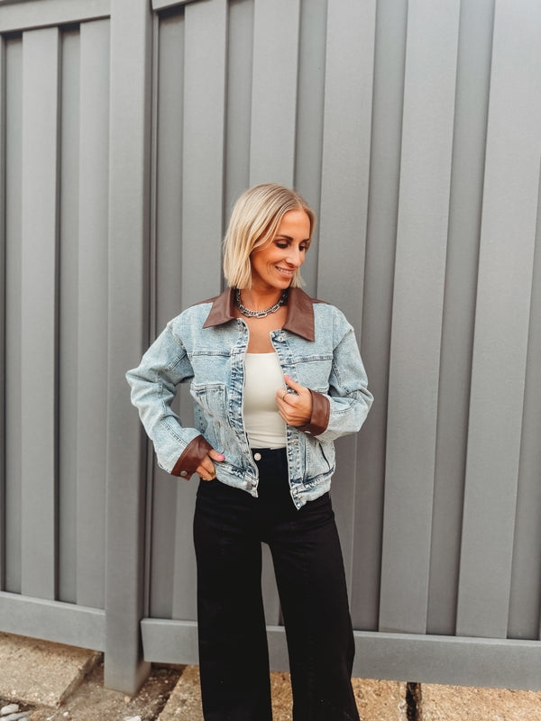 Faux Leather Color Block Denim Jacket