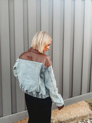 Faux Leather Color Block Denim Jacket
