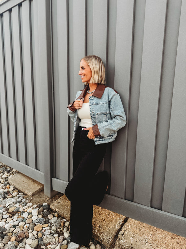 Faux Leather Color Block Denim Jacket