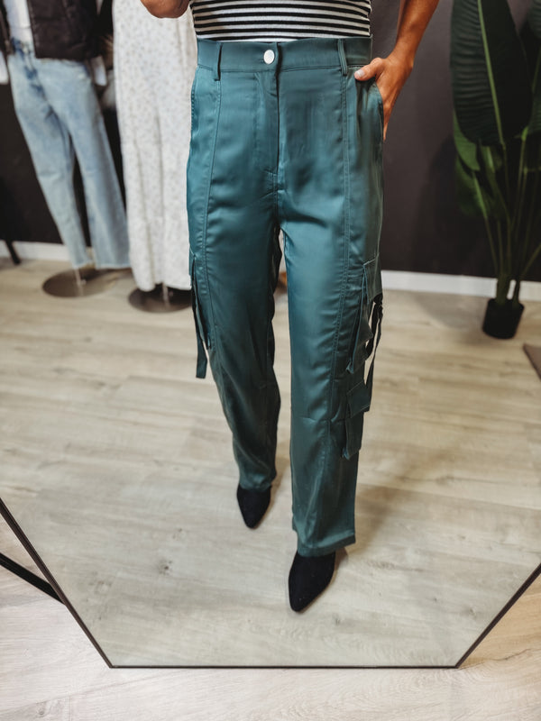 The Ember Satin Cargo Pants [ Green ]
