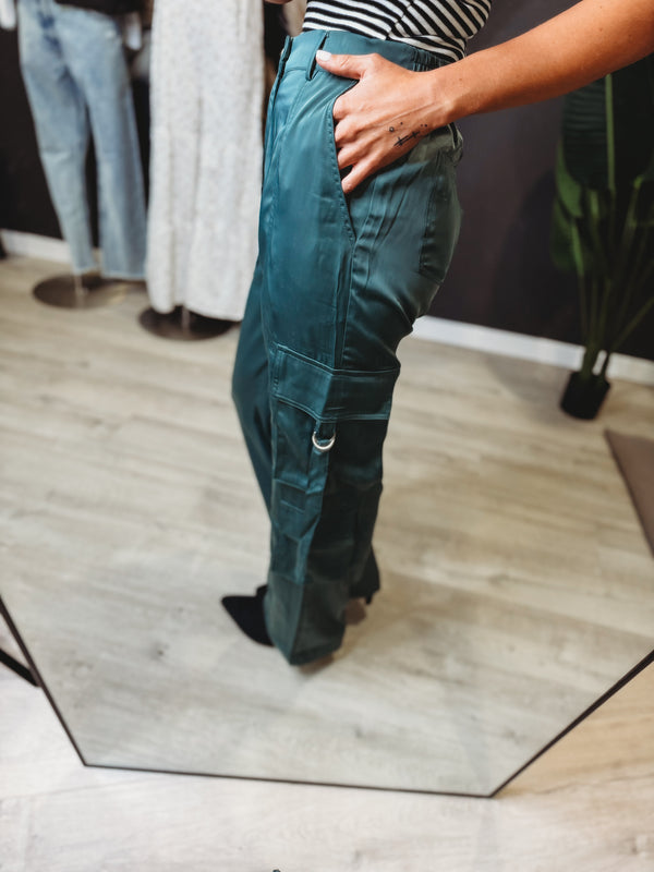 The Ember Satin Cargo Pants [ Green ]
