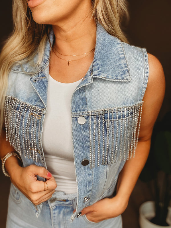 Bedazzled Fringe Denim Vest