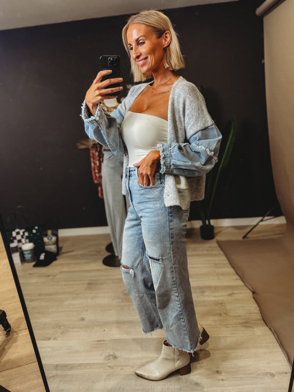 The Reeve Denim Sleeve Knit Cardigan