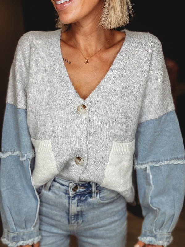 The Reeve Denim Sleeve Knit Cardigan