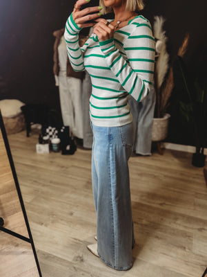 Scalloped Edge Stripe Sweater Top [ Green ]