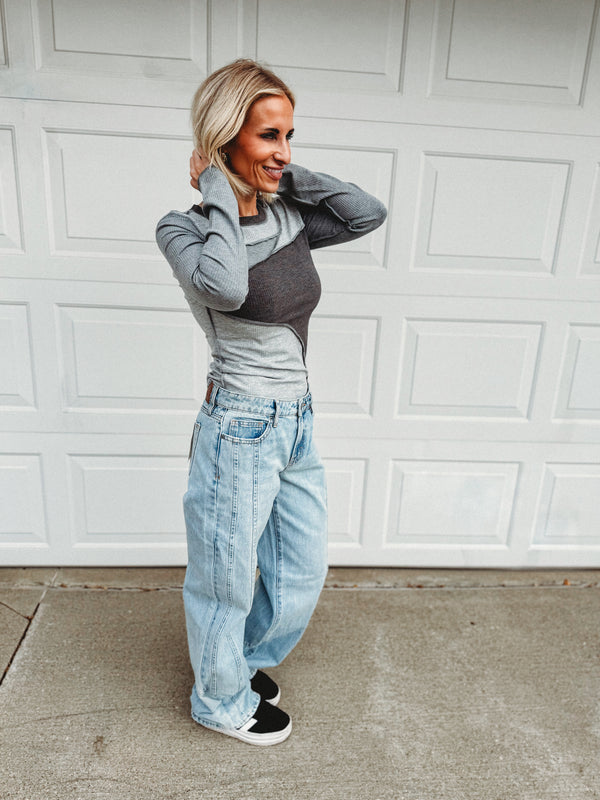 Morgan Color Block Seam Long Sleeve Top