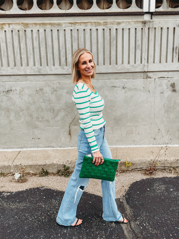 Scalloped Edge Stripe Sweater Top [ Green ]