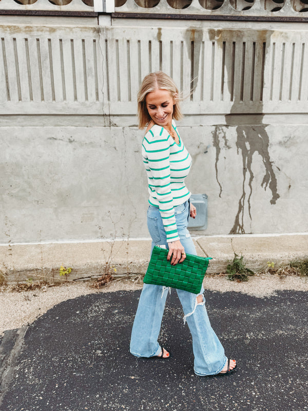 Scalloped Edge Stripe Sweater Top [ Green ]