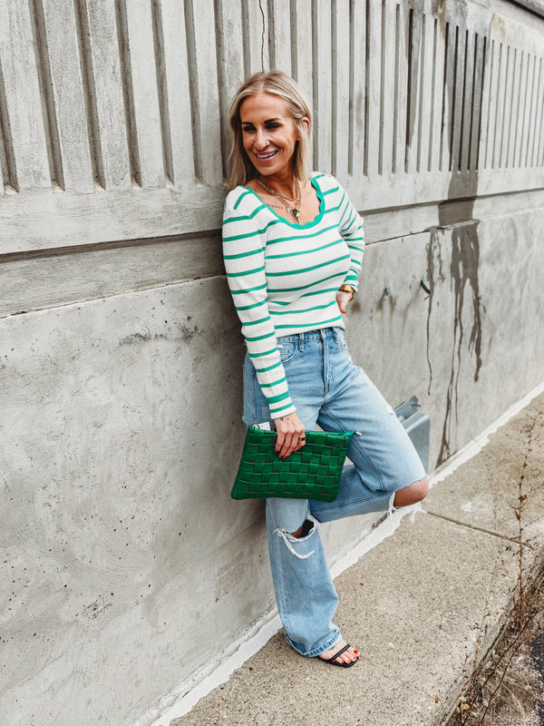 Scalloped Edge Stripe Sweater Top [ Green ]
