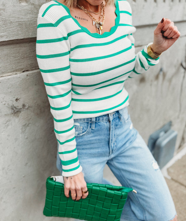 Scalloped Edge Stripe Sweater Top [ Green ]