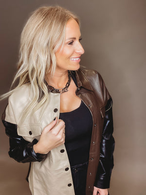 Hot Chocolate Faux Leather Colorblock Shacket