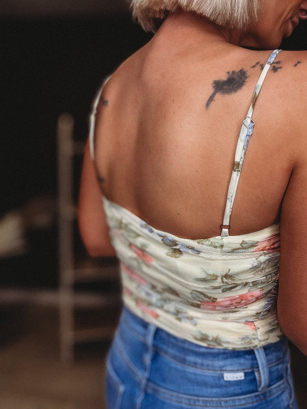 Blanc Floral Mesh Shirred Tank Top
