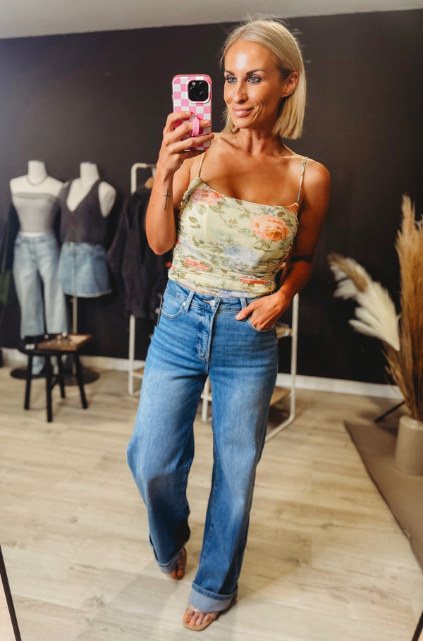 Blanc Floral Mesh Shirred Tank Top