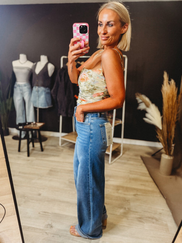 Blanc Floral Mesh Shirred Tank Top
