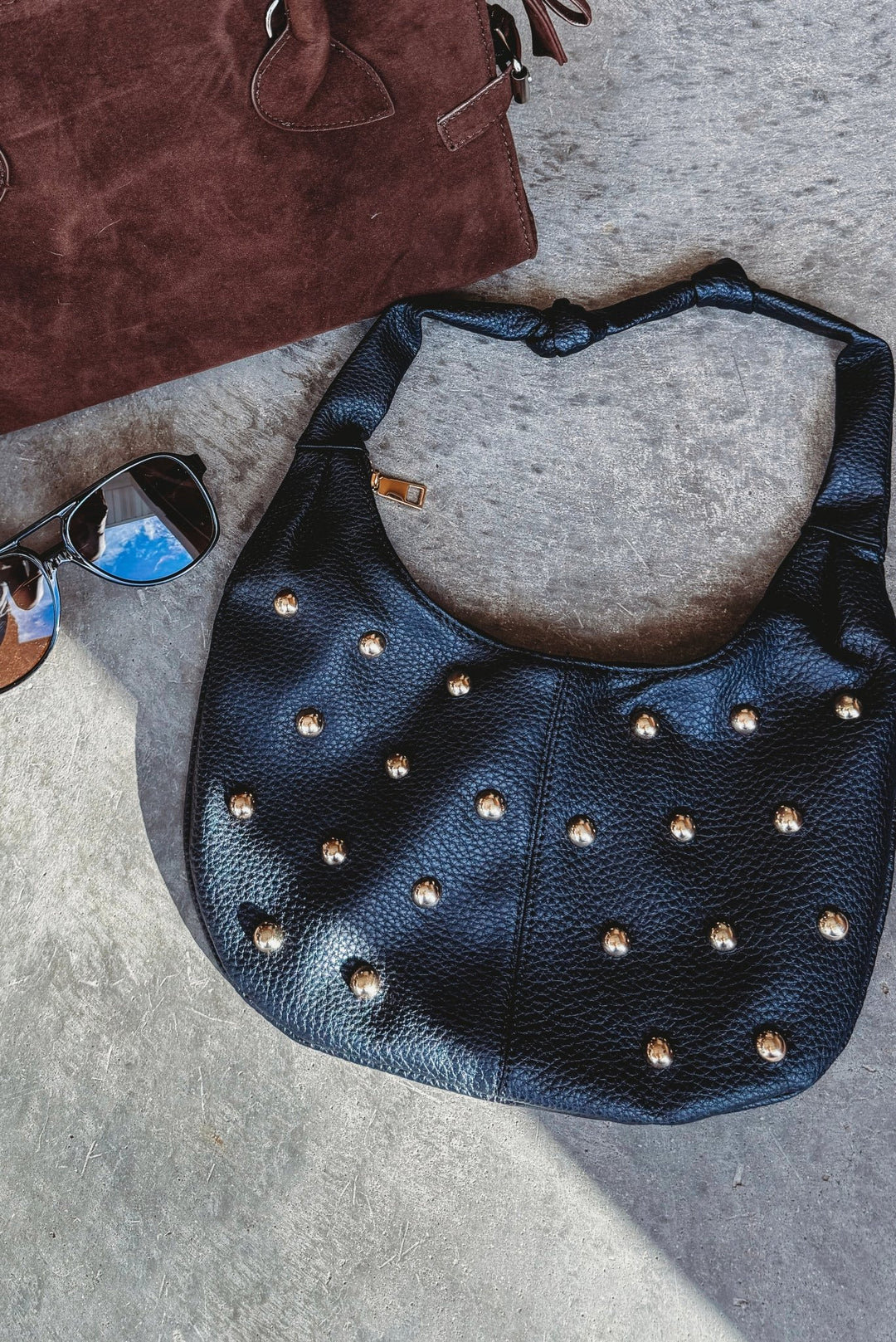 Black Metallic Studded Shoulder Bag - The Rack Boutique ⚡️