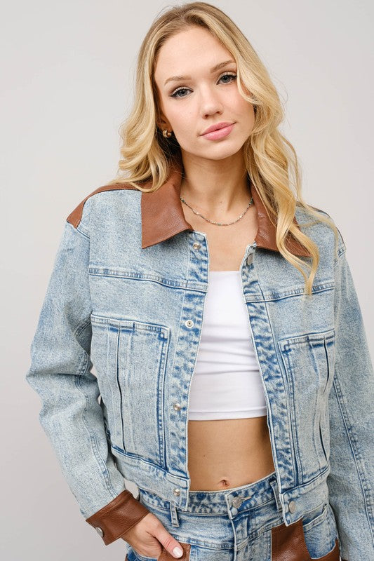 Faux Leather Color Block Denim Jacket