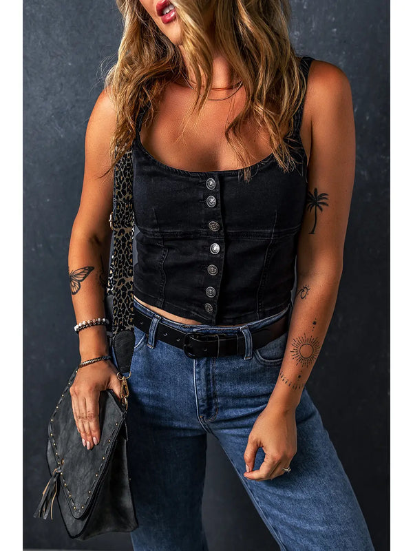 Hazel Button-Up Cropped Denim Tank Top
