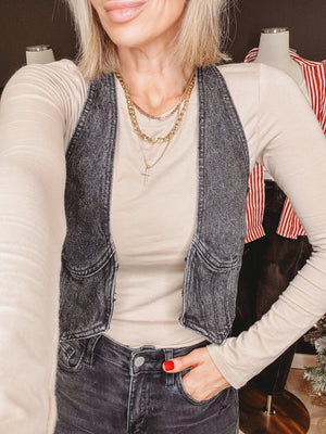 Ella Crop Denim Vest [ Black ] - The Rack Boutique ⚡️