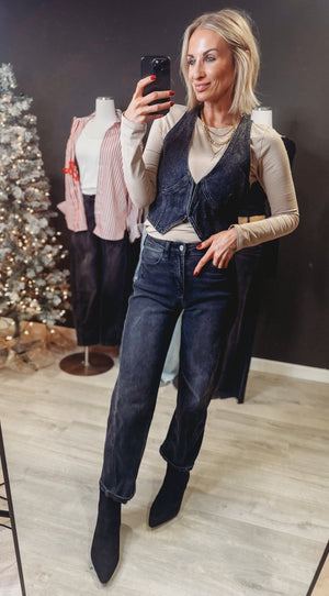 Ella Crop Denim Vest [ Black ] - The Rack Boutique ⚡️