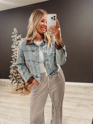 Faux Leather Color Block Denim Jacket - The Rack Boutique ⚡️