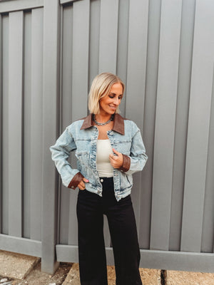 Faux Leather Color Block Denim Jacket - The Rack Boutique ⚡️