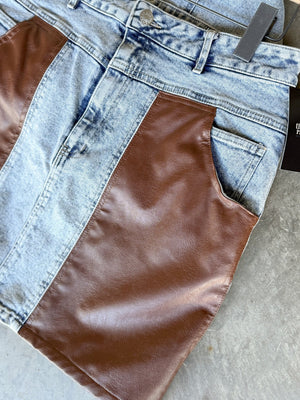 Faux Leather Colorblock Denim Skirt [ large ] - The Rack Boutique ⚡️