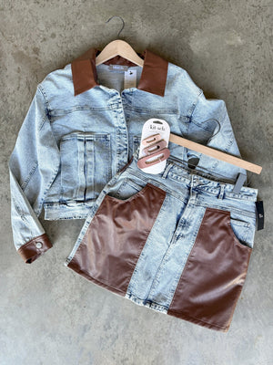 Faux Leather Colorblock Denim Skirt [ large ] - The Rack Boutique ⚡️