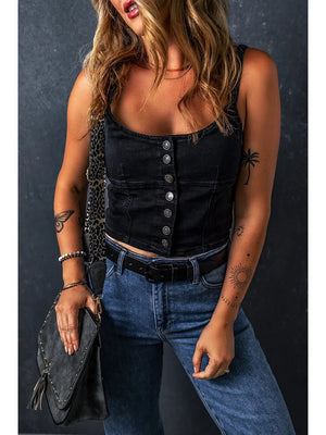 Hazel Button - Up Cropped Denim Tank Top - The Rack Boutique ⚡️