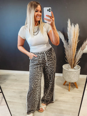 Woman taking a mirror selfie wearing a white top and leopard print pants in a room with a plant.