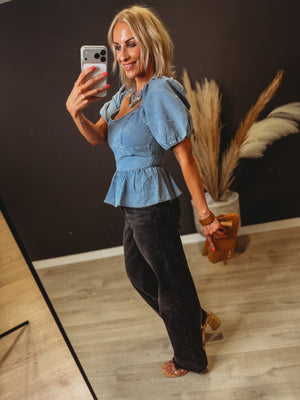 Mila Denim Babydoll Peplum Top - The Rack Boutique ⚡️