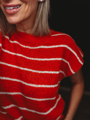 Tesha Tomato Red Stripe Short Sleeve Sweater - The Rack Boutique ⚡️