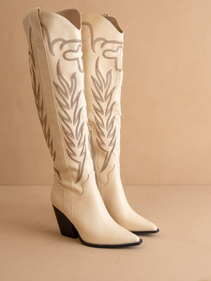 The Bronco Off White | Knee High Cowboy Western Boot - The Rack Boutique ⚡️