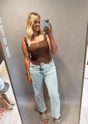 The Cocoa Brown Zip Up Square Neck Top - The Rack Boutique ⚡️