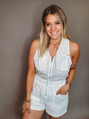 The On The Go White Cross Back Romper - The Rack Boutique ⚡️