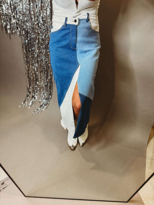 The Rowe Patchwork Denim Skirt - The Rack Boutique ⚡️