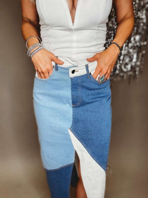 The Rowe Patchwork Denim Skirt - The Rack Boutique ⚡️